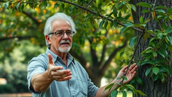 Older man gesturing towards tree, discussing Las Vegas tree care strategies outdoors.