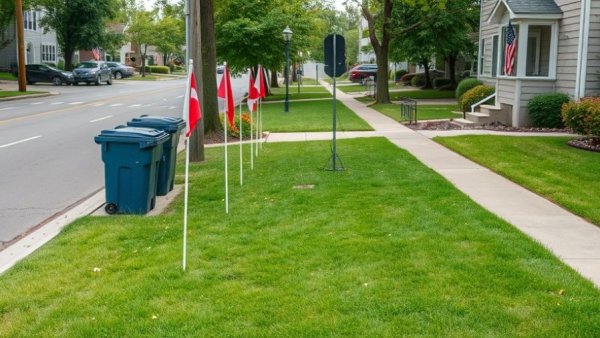 Lawn with flags near road, showcasing urban lawn care.