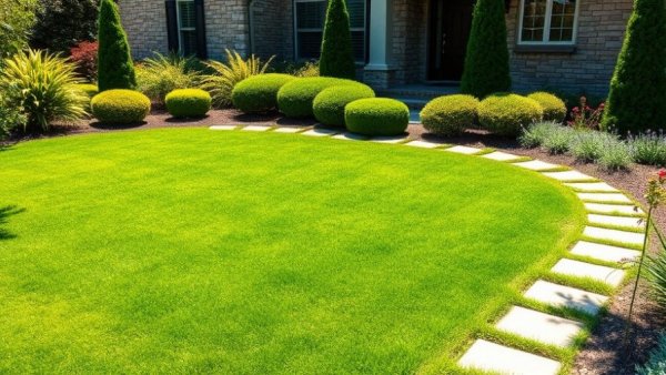 Lawn fertilization and weed control services Muskegon with a well-kept garden and stone path.