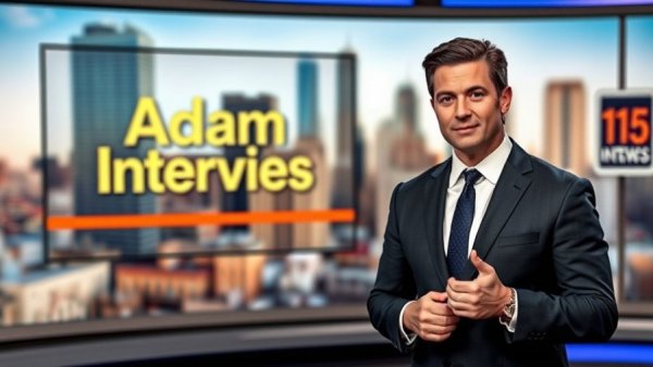 News anchor in modern studio with digital display
