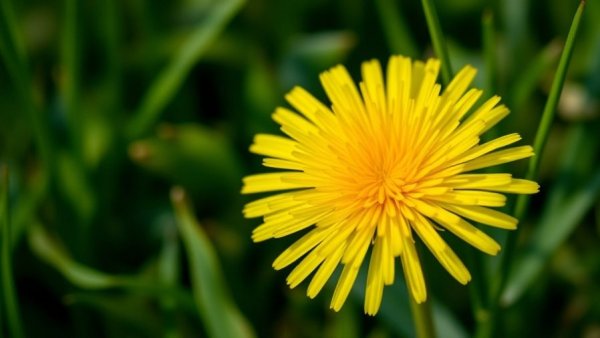 Close-up of a dandelion in a green field emphasizing lawn care services.