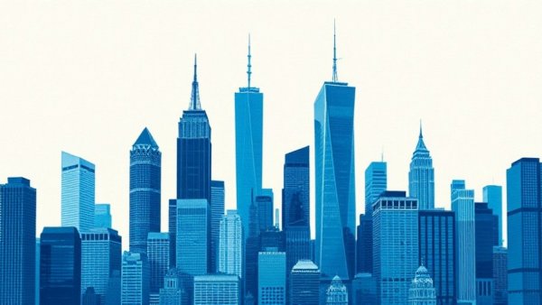 Abstract skyline of NYC with diverse skyscrapers in blue tones.