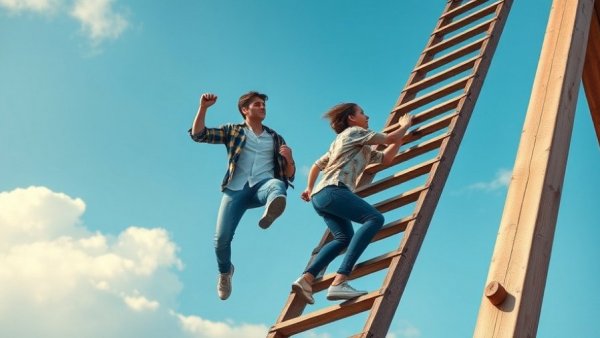 Gen Z individuals climbing a ladder, symbolizing entrepreneurship in AI job market.