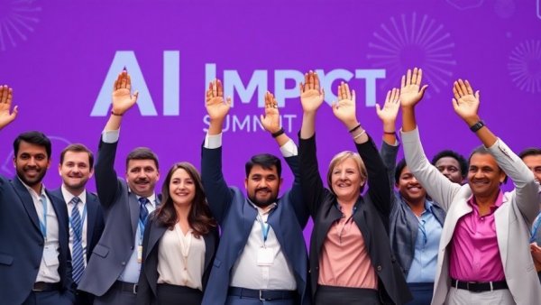 Diverse leaders celebrating AI summit in purple backdrop.