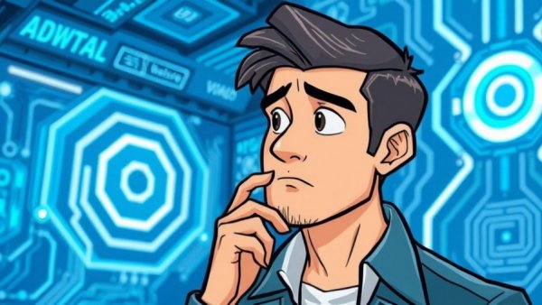 Stylized illustration of AI adoption in small businesses, featuring a thoughtful man and tech elements.