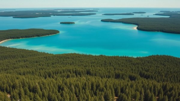 Aerial view of Michigan lake and forest highlighting tourism appeal.
