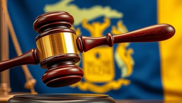 Close-up of gavel with Michigan flag in background symbolizing justice.