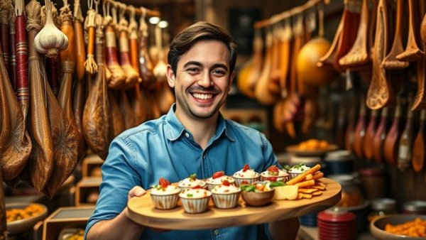 Cheerful man presenting appetizers in deli with hanging meats and herbs.
