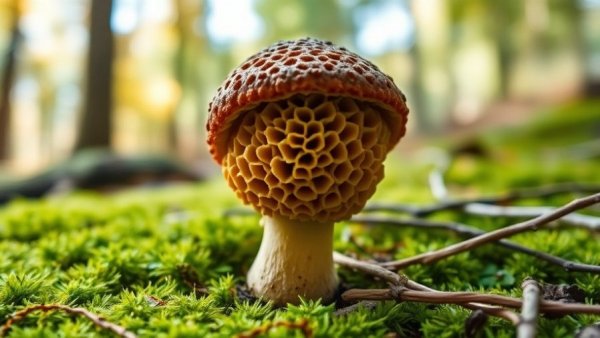 Close-up of morel mushroom in Michigan forest