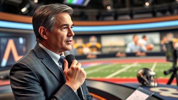 Sports broadcaster in studio discussing 2026 NFL Draft impacts.