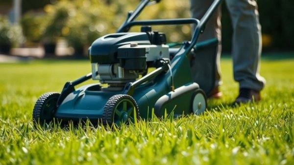 Lawn care services Shelby MI with manual mower on green grass.