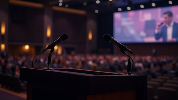La Rosa Holdings revenue restatement podium, empty conference hall