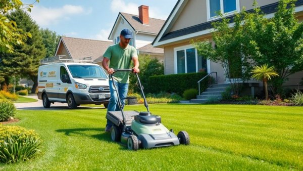 Lawn care worker mowing in front of suburban house, highlighting lawn care services booking trends.