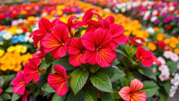 Colorful Rockapulco® impatiens in bloom at a garden center.