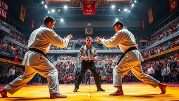 Traditional martial arts championship in Kabul with athletes and referee.