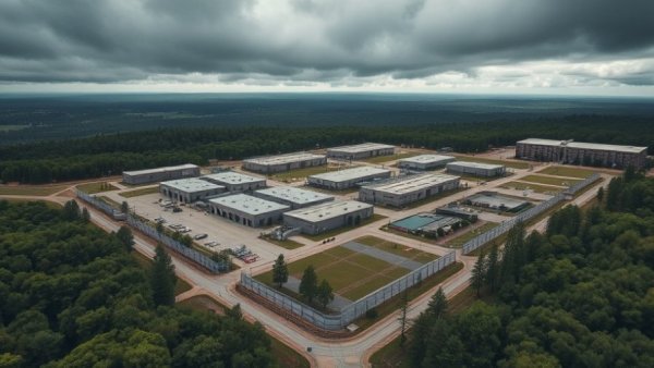 Aerial view of Baldwin ICE facility surrounded by trees and cloudy sky.