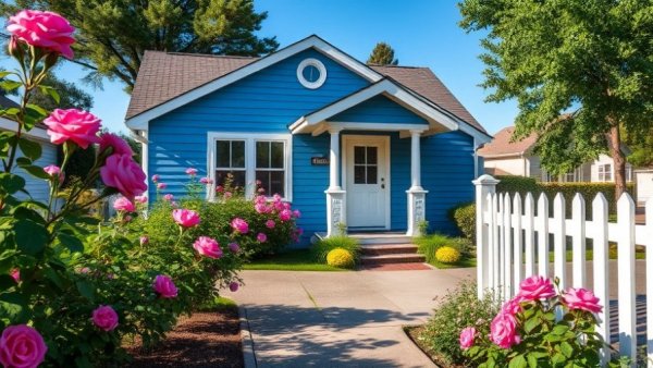 Charming blue house with lush garden, Michigan homes for sale.