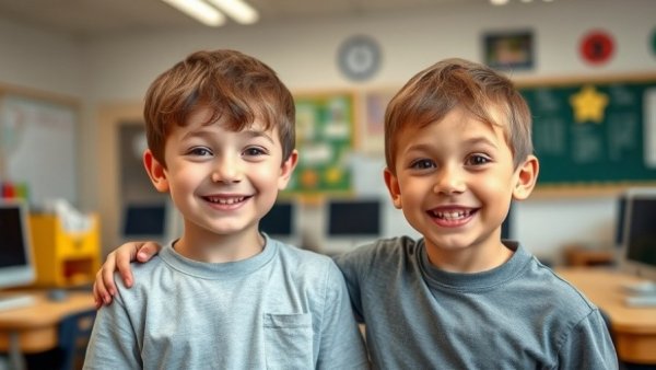 Young boys smiling together in classroom showcasing AI adoption in family businesses.