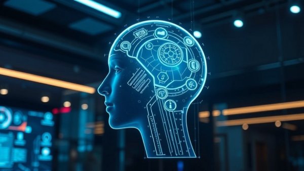 Futuristic AI hologram display with digital symbols in a dark setting.