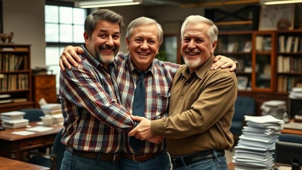 Michigan Capitol corruption scandal scene with three men hugging joyfully in an office.
