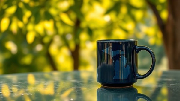 Dark blue mug with Michigan map on a glass table, outdoor setting.