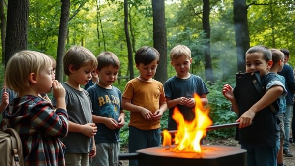 Kids learning blacksmithing at Michigan Farm History Day, outdoors.