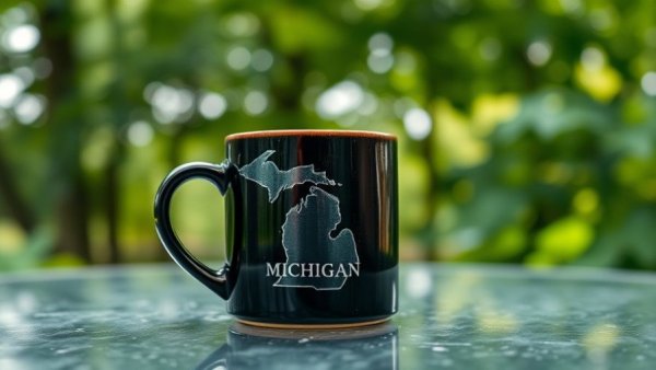 Michigan map mug on table in Ludington MI RV Destination.