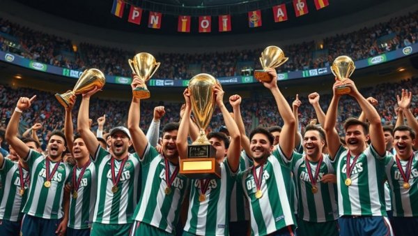 Michigan sports teams celebrating championship victories with trophies.