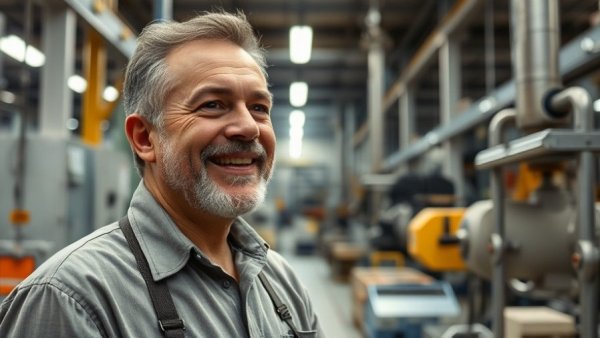 Mature man in a modern factory, engaged with industrial machinery.