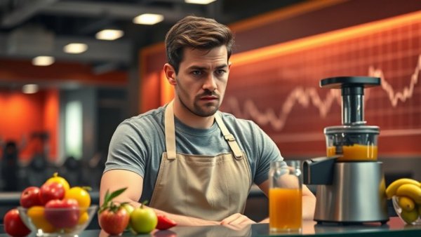 Young juice bar owner looking stressed, highlighting challenges of small business ventures in fitness club.