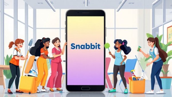 India's Snabbit seeks funding: app illustration with cleaners around smartphone.