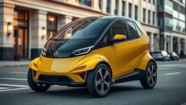 Sleek yellow Leapmotor B05 electric car launch, parked against modern backdrop.