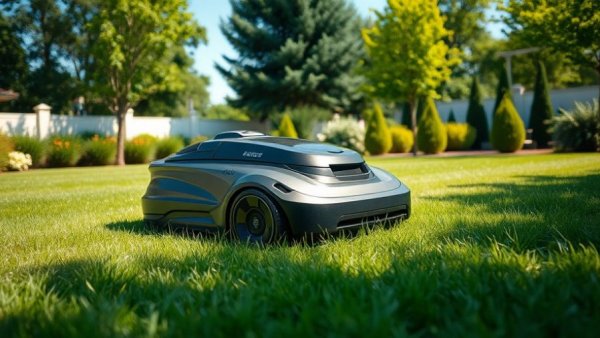 Drop-and-mow robotic mowing device in lush garden setting.