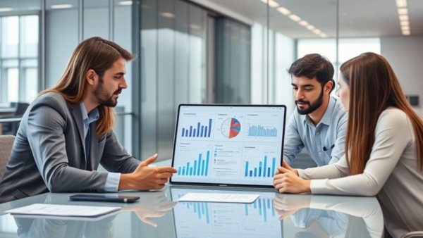 Professionals analyzing rental property oversight data on a laptop.