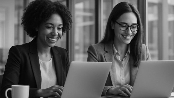 AI-Driven Content Discovery: Businesswomen collaborating in an office.