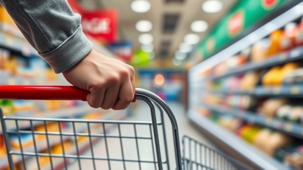Shopping cart in supermarket aisle representing browsing as part of an integrated digital marketing strategy.