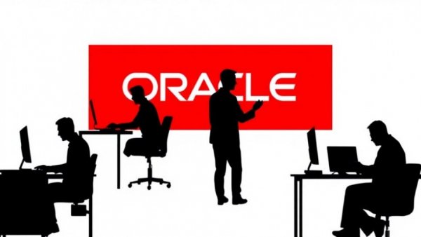 People silhouetted against Oracle logo, illustrating tech work