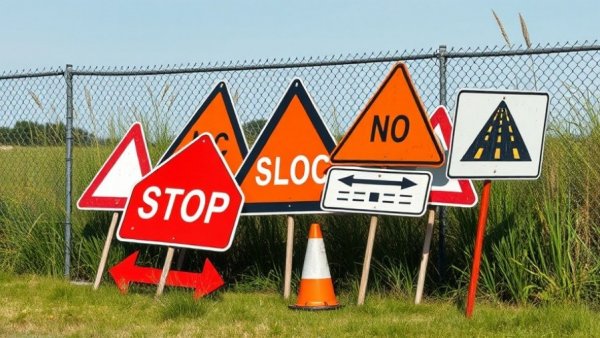 Michigan road construction signs piled against a fence.