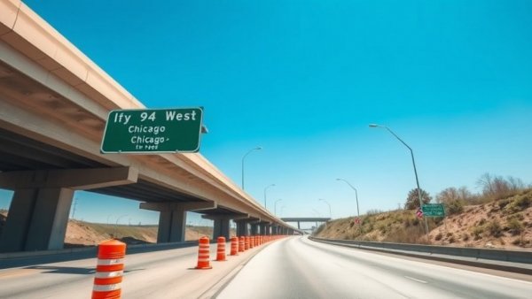I-94 West highway overpass with roadwork barrels.