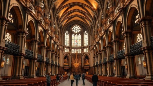 Interior of a grand church with arches and stained glass windows.