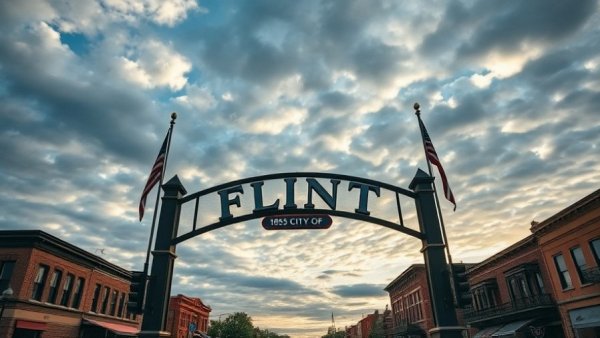 Flint city entrance sign under dynamic sky, Michigan emergency manager law repeal.