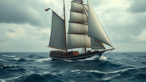 Vintage sloop navigating rough seas under a cloudy sky.