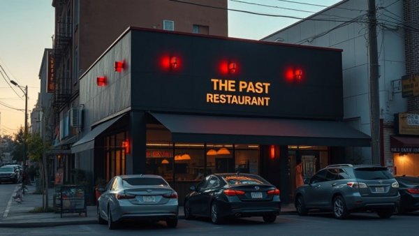 Exterior of a restaurant with dark walls and red accents in Metro Detroit.