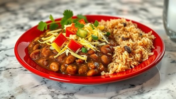 Mexican meal on red plate, showcasing beans, rice, and veggies at Michigan restaurant cheap eats.