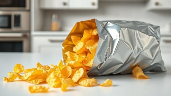 Golden potato chips spilling from a bag on a white table.
