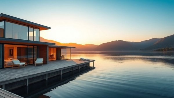 Property management integration with a modern waterfront villa at sunset