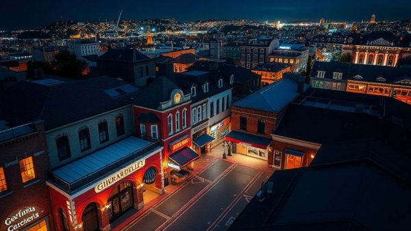 Ghirardelli Square illuminated at night, impacting the cityscape.