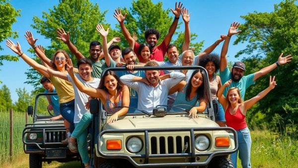 Diverse group celebrating outdoor arboriculture work under blue sky.