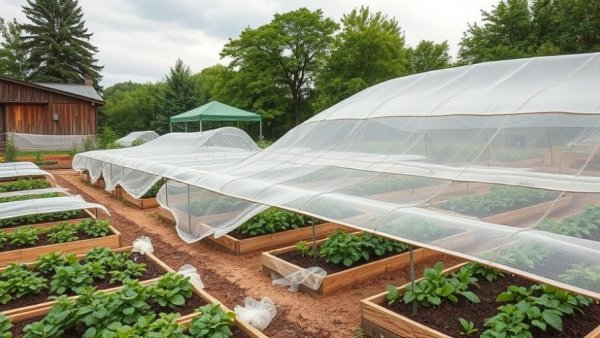 Garden beds with organic pest control netting in cloudy setting.