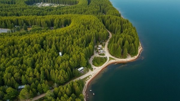 Aerial view of Michigan coastline and forest with RVs